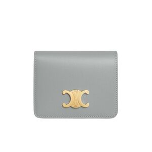 Celine Triomphe Compact Wallet In Shiny Calfskin With Gold Finishing Pearl Blue